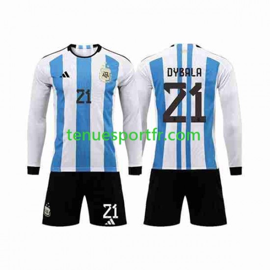 Kit Enfant Maillot Domicile Argentine 3 Stars Paulo Dybala 21 World Cup 2022 à Manches Longues
