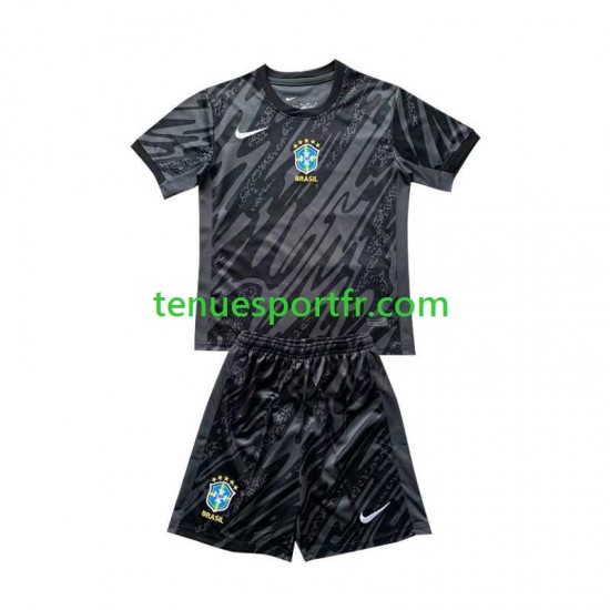Kit Enfant Maillot Extérieur Brésil Gardien Copa America 2024 Noir à Manches Courtes