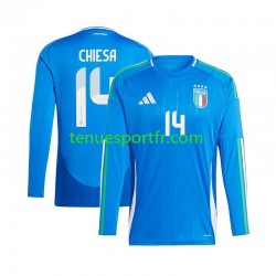Homme Maillot Domicile Italie Chiesa 14 Euro 2024 Bleu à Manches Longues