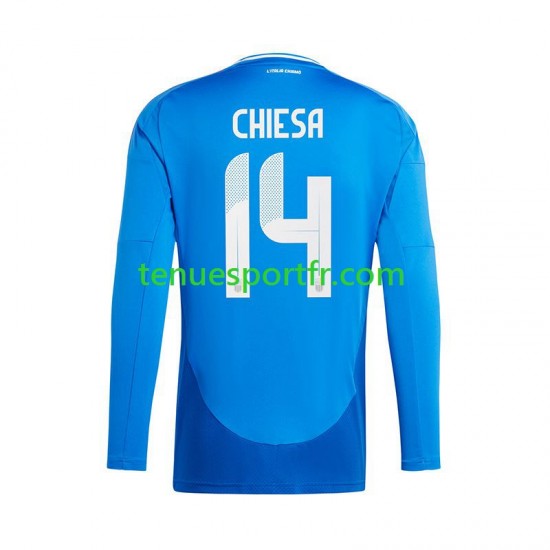 Homme Maillot Domicile Italie Chiesa 14 Euro 2024 Bleu à Manches Longues