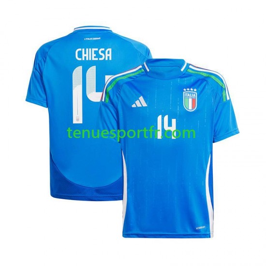 Homme Maillot Domicile Italie Chiesa 14 Euro 2024 Bleu à Manches Courtes