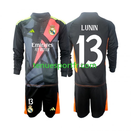 Kit Enfant Maillot Extérieur Real Madrid Gardien Andriy Lunin 13 2024-2025 Noir à Manches Longues
