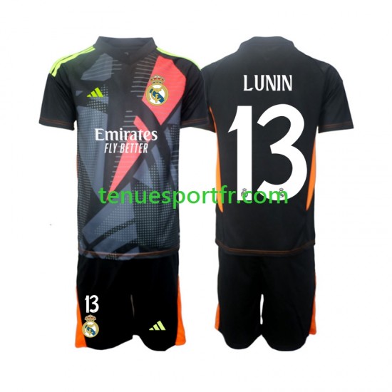 Kit Enfant Maillot Extérieur Real Madrid Gardien Andriy Lunin 13 2024-2025 Noir à Manches Courtes
