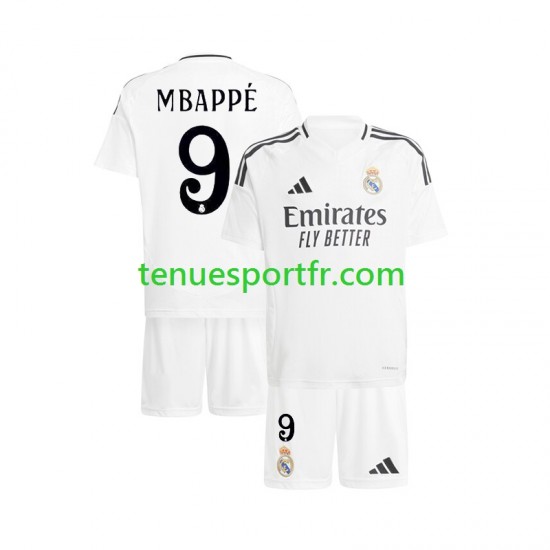 Kit Enfant Maillot Domicile Real Madrid Kylian Mbappe 9 2024-2025 Blanc à Manches Courtes