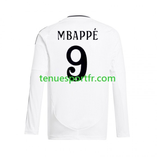 Homme Maillot Domicile Real Madrid Kylian Mbappe 9 2024-2025 Blanc à Manches Longues
